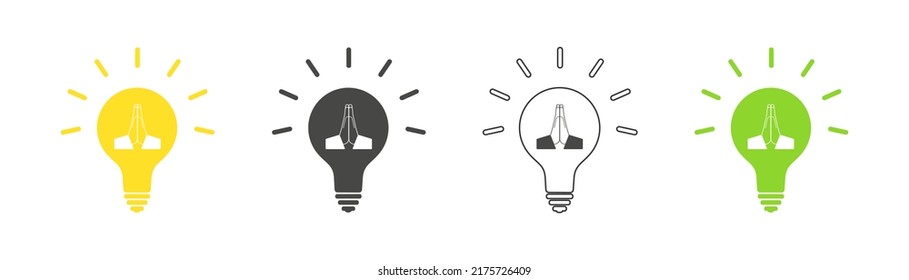 Hand praying icon in light bulb set. Vector.