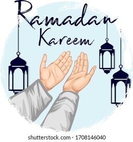 Hand praying illustration concept with calligraphy and lantern design for ramadan celebration purpose. vector editable