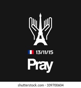 Hand Praying with tower, Pray for Paris, 13 November 2015, Eiffel Tower and France flag, Pray for Paris Attach Victims in French flag background Template. Vector illustration