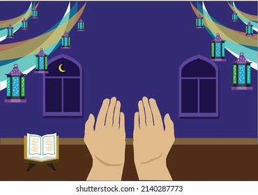 A hand prays inside a hall of a mosque with a Holy Koran during the month of Ramadan or Hajj Pilgrimage. Editable Clip Art.