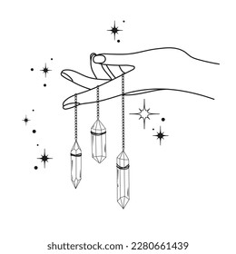 Hand with precious crystals on chains, stars, gems. Diamonds. Abstract symbol for cosmetics and packaging, jewelry, logo, tattoo. linear style. Esoteric