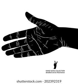 Hand prepared for handshake, detailed black and white vector illustration.