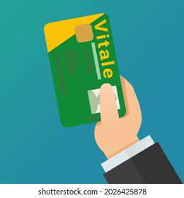A hand present a french social security card (Vitale is its name in French) on a blue background (flat design)