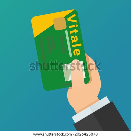 A hand present a french social security card (Vitale is its name in French) on a blue background (flat design)