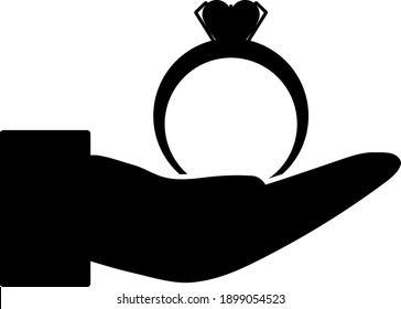 Hand Present Heart Ring Icon. Black Glyph Design. Vector Illustration.