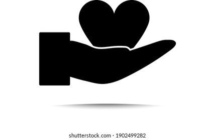 Hand Present Heart Ring Icon. Black on White Background With Shadow. Vector Illustration.