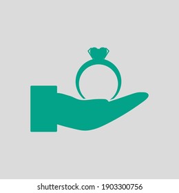 Hand Present Heart Ring Icon. Green on Gray Background. Vector Illustration.