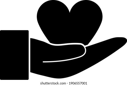 Hand Present Heart Ring Icon. Black Stencil Design. Vector Illustration.