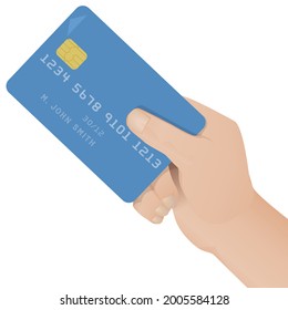 Hand presenting a blue banking chip card for paying isolated on a white background