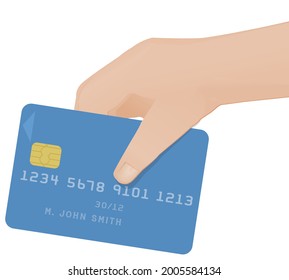 Hand presenting a blue banking chip card for paying isolated on a white background