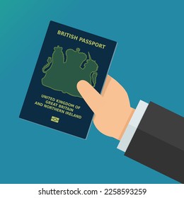 Hand presenting a British passport with the British emblem and the inscription British passport and the wording of the united kingdom and northern ireland (flat design)