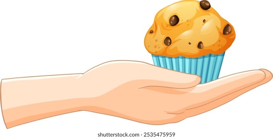 A hand presenting a delicious chocolate chip muffin