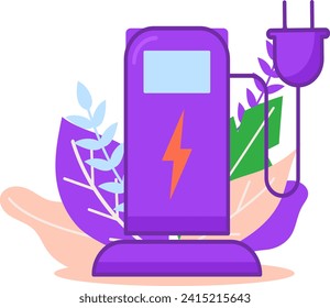 Hand presenting eco-friendly electric car charging station with leaves. Sustainable energy and environment conservation vector illustration.