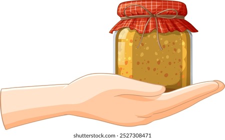 Hand presenting a jar with red cloth cover