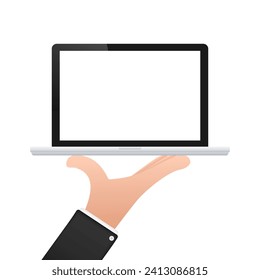 Hand presenting modern laptop with blank screen, isolated vector illustration for web and graphic design