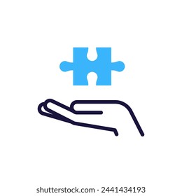 Hand presenting a puzzle piece icon. Solution and problem solving and support thin line outline stroke graphic element