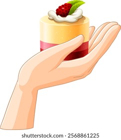 A hand presenting a small, elegant cake