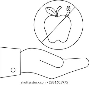 A hand presents an apple with a worm, encircled by a prohibition sign, symbolizing the rejection of tainted or undesirable offerings.