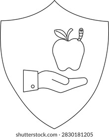 A hand presents an apple with a worm on a shield, symbolizing temptation or knowledge.