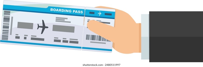 A hand presents a boarding pass in flat design style (cut out)