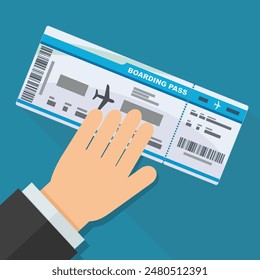 A hand presents a boarding pass on blue background with long shadow in flat design style