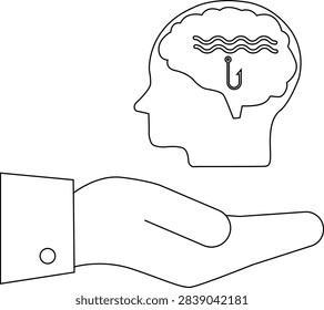A hand presents a brain containing a hook, symbolizing manipulation, deception, and the act of being hooked or deceived. Conceptual illustration of psychological influence.