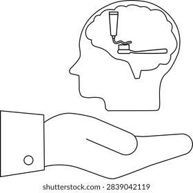 A hand presents a brain containing a toothbrush and toothpaste, symbolizing mental health care and the importance of daily mental hygiene.