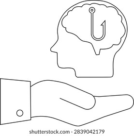 A hand presents a brain with a hook inside, symbolizing manipulation, deception, and the vulnerability of the mind to external influence.