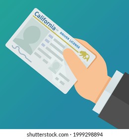 A hand presents a California driver's license on blue background (flat design)