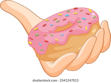 A hand presents a colorful sprinkled donut