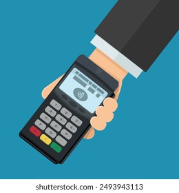 Una mano presenta un terminal de pago sin contacto en estilo de diseño plano sobre fondo azul