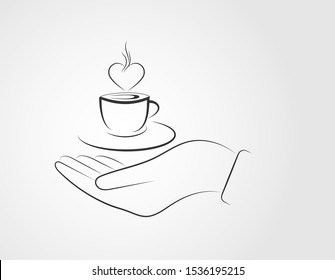Hand presents a Cup of coffee with steam in the form of a heart, black and white drawing