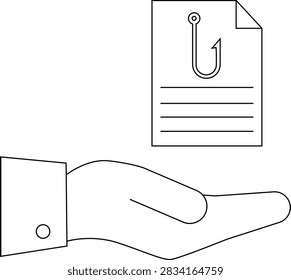 A hand presents a document with a fishhook, symbolizing phishing attacks and cybersecurity threats. This image represents online security risks and data protection concepts.
