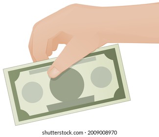 A hand presents a dollar banknote on a white background
