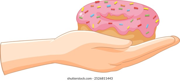 A hand presents a donut with colorful sprinkles