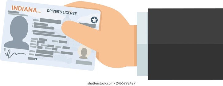 A hand presents a driver's license from the US state of Indiana in flat design (cut out)