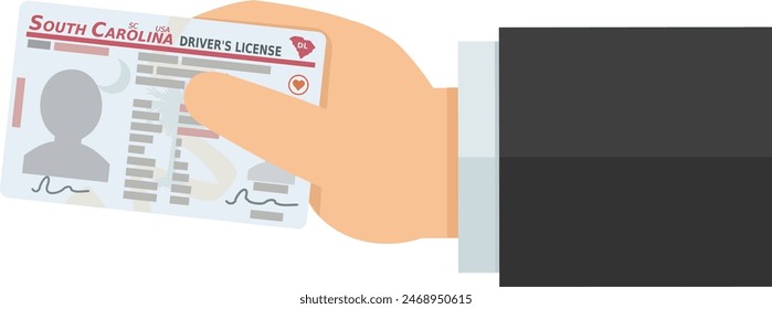Eine Hand präsentiert die Lizenz eines Fahrers aus dem US-Bundesstaat South Carolina in flachem Design (ausgeschnitten)