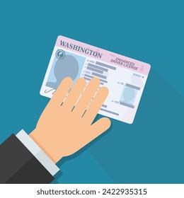 A hand presents an enhanced driver's license from the US state of Washington in flat design style on blue background