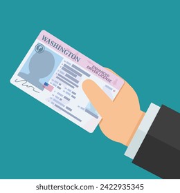 A hand presents an enhanced driver's license from the US state of Washington in flat design style on blue background