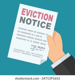 A hand presents an eviction notice isolated in flat design style