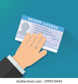 A hand presents a generic driver's license on blue background (flat design)