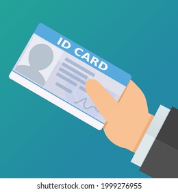 A hand presents a generic identity card on blue background (flat design)