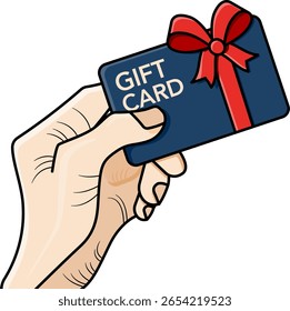 Hand presents gift card adorned with red ribbon, symbolizing joy of giving and convenience of gift cards for any occasion. Vector illustration.