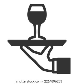 A hand presents a glass of wine on a tray - icon, illustration on white background, glyph style