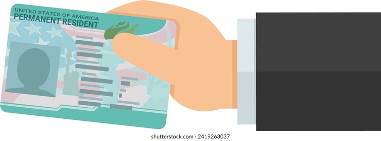 A hand presents a green card, permanent resident card of USA in flat design style (cut out)