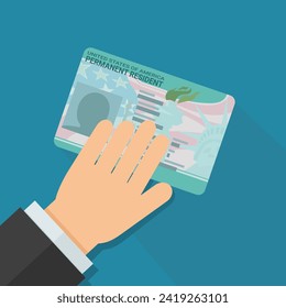 A hand presents a green card, permanent resident card of USA on a blue background in flat design style with a long shadow