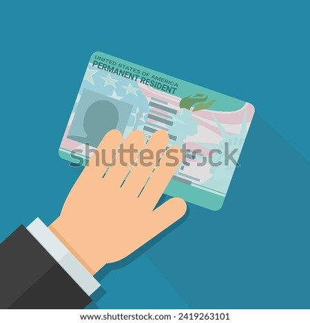 A hand presents a green card, permanent resident card of USA on a blue background in flat design style with a long shadow