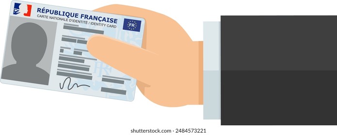 A hand presents a Identity card (carte d'identité in french) of french republic (république française in french) in flat design  (cut out)