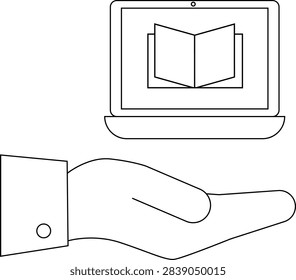 A hand presents a laptop displaying an open book, symbolizing online education, digital learning resources, and accessible knowledge.