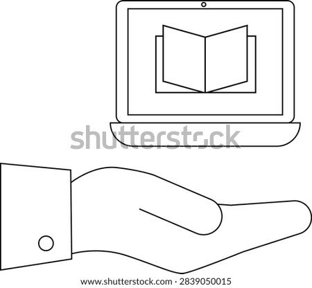 A hand presents a laptop displaying an open book, symbolizing online education, digital learning resources, and accessible knowledge.
